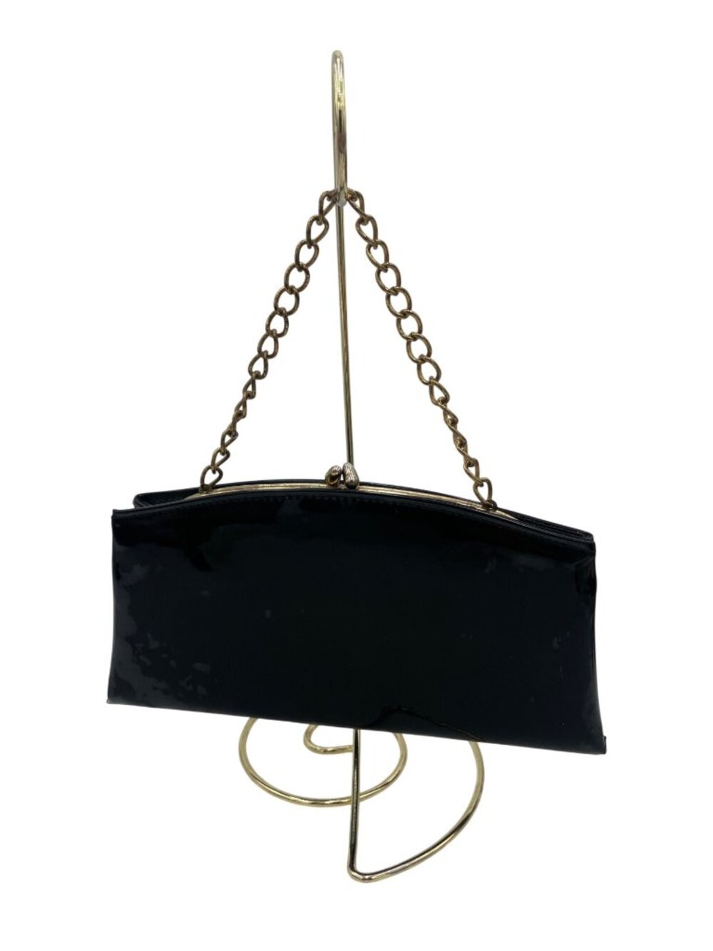 Vintage Black Patent Leather Clutch Purse Gold Chain Handle & Kiss Lock Closure